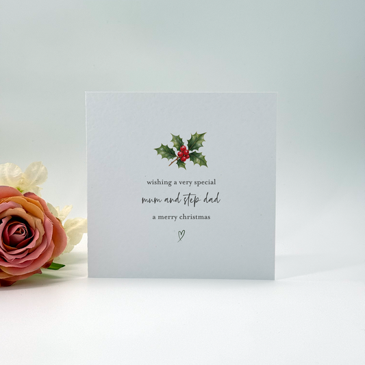 Mum and Step Dad Merry Christmas Holly Card