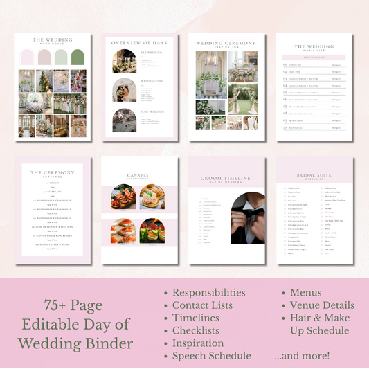 Collection of wedding planning pages on a pink background
