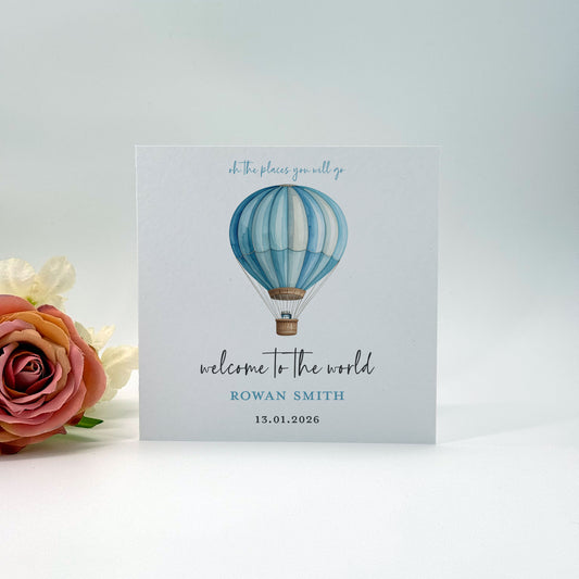Personalised Baby Boy Card – Blue Hot Air Balloon, Welcome to the World