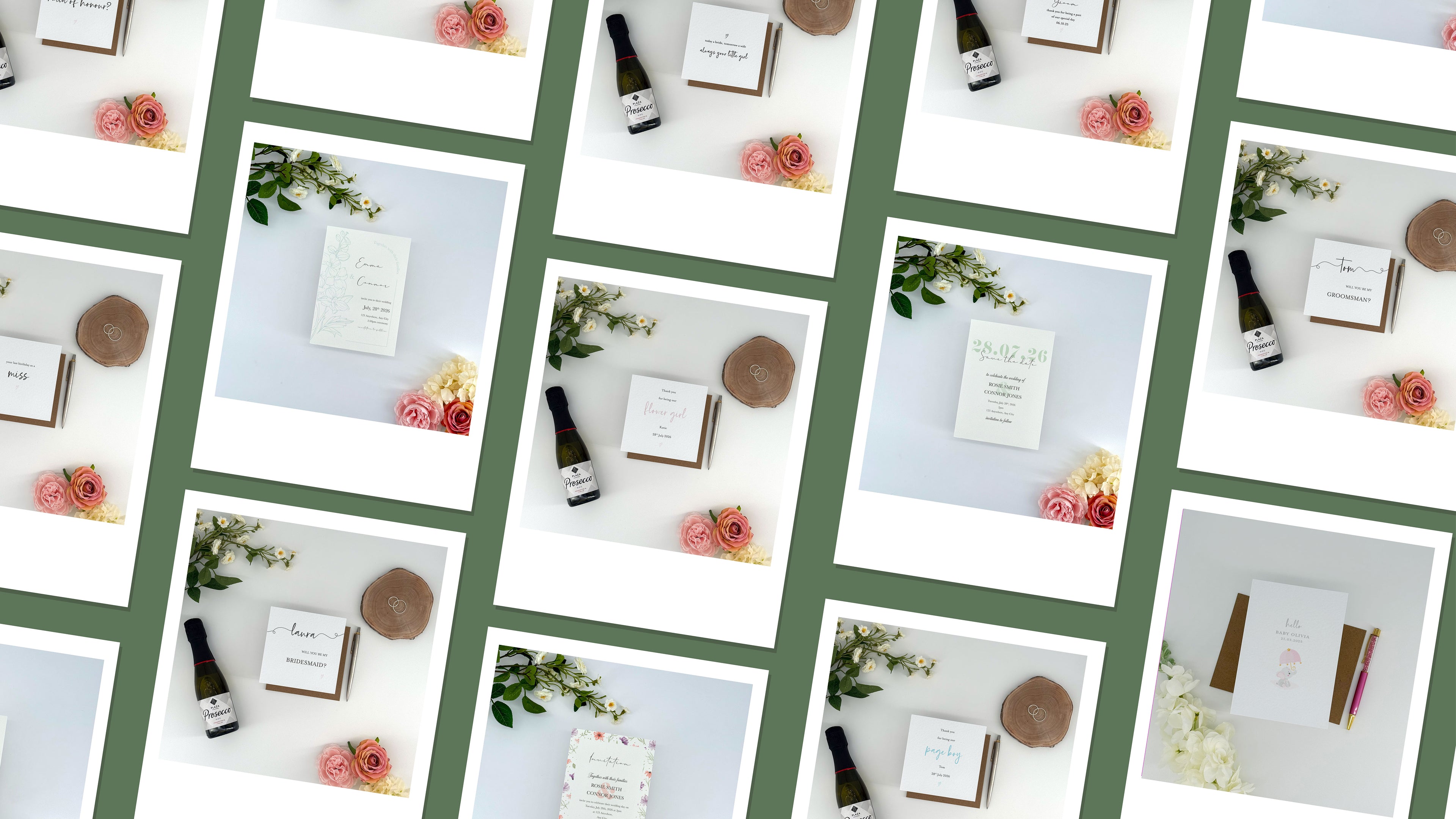 Collage of wedding invitations and stationery items on a white background with green borders.