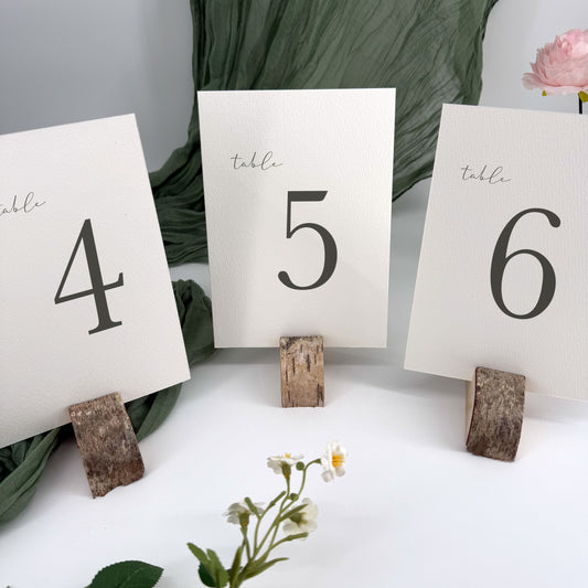 Three table number signs (4, 5, 6) on wooden stands with floral decorations.