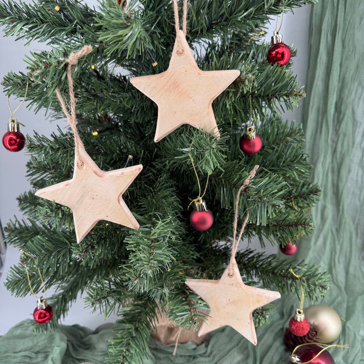 Set of 3 Handmade Wooden Christmas Decorations - Rustic Hanging Ornaments