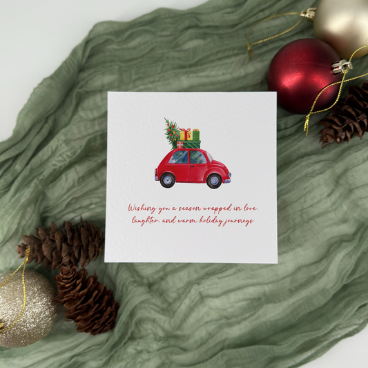 Red Car Christmas Card - Holiday Tree Card - Festive Season Greetings