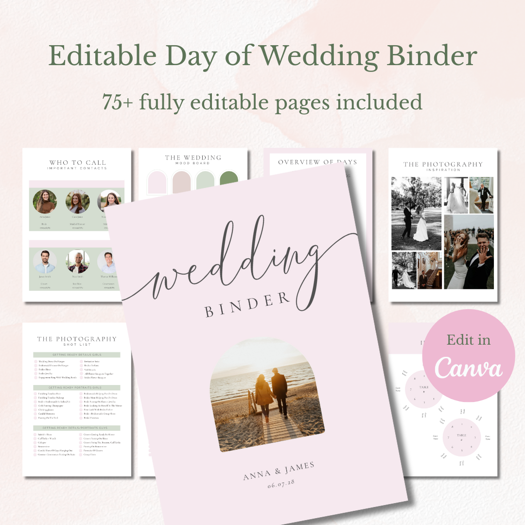 Wedding binder with various pages and a couple on a beach, featuring text about editable wedding planning tools.