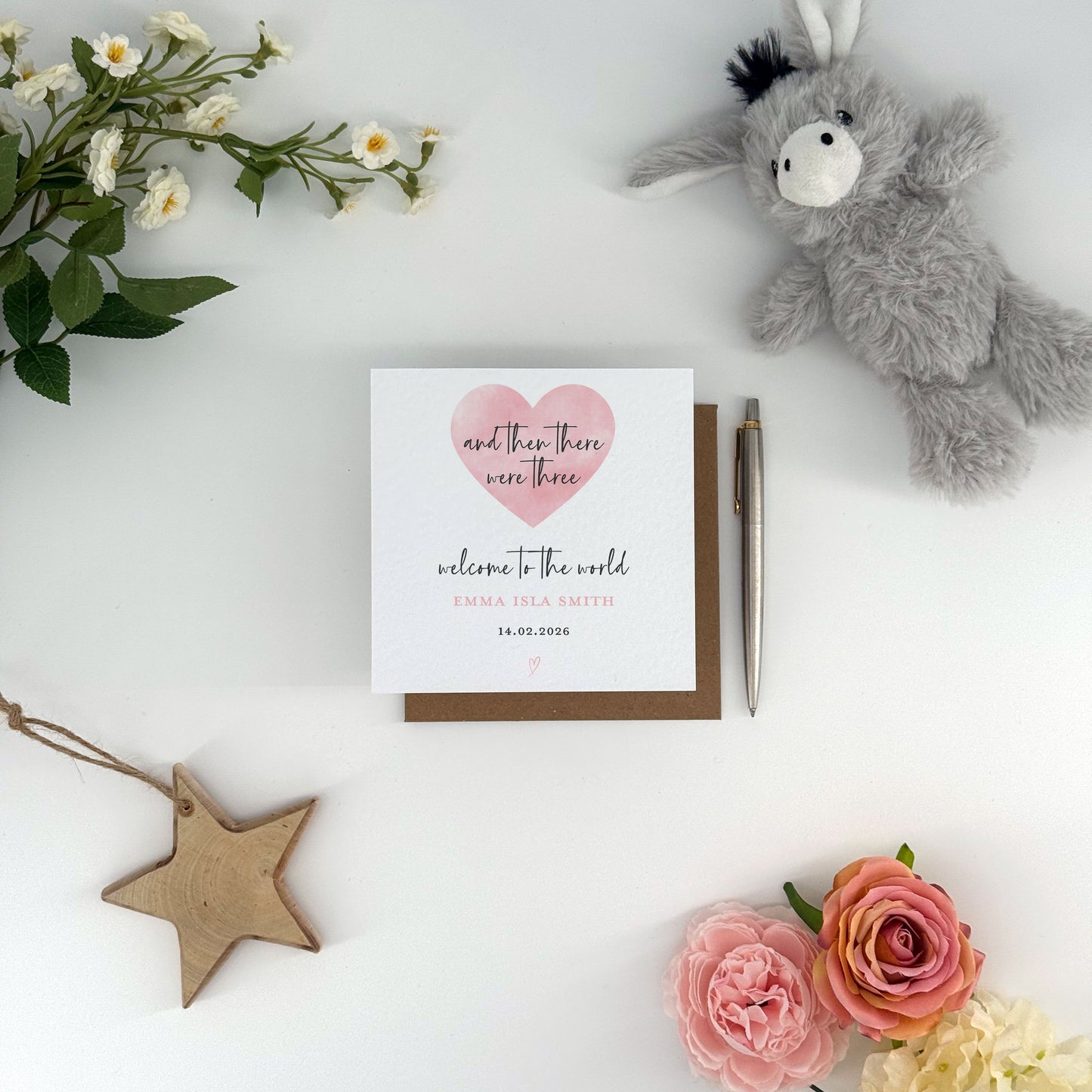 And Then There Were Three Card | Personalised New Baby Girl Card