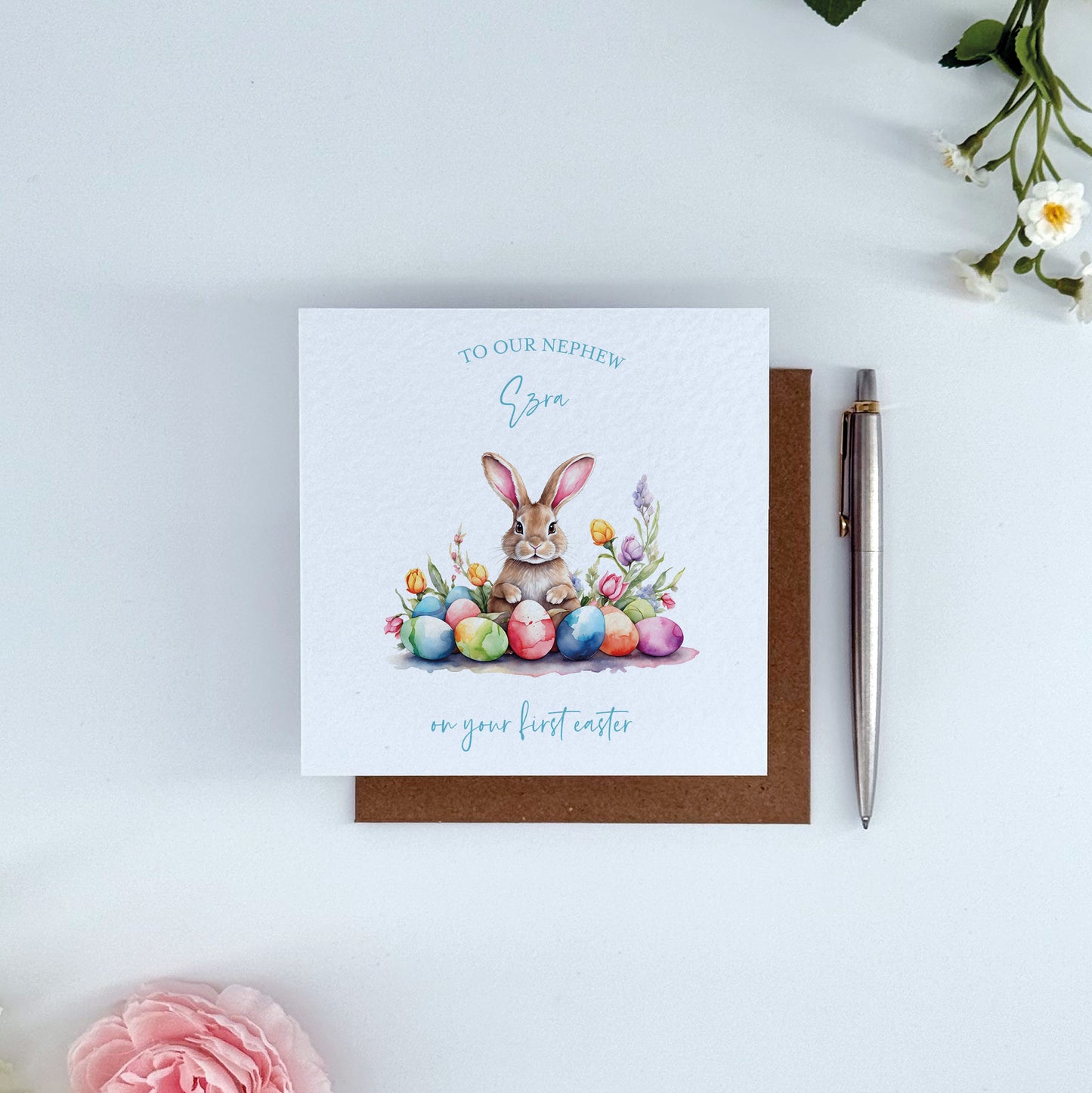 Personalised First Easter Card for Nephew - Bunny & Eggs Watercolour Card