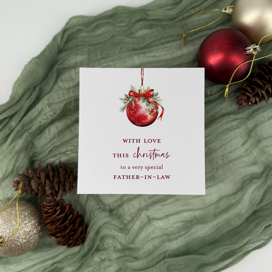Christmas Card for Father-in-Law - Red Watercolour Bauble - Handmade Festive Card