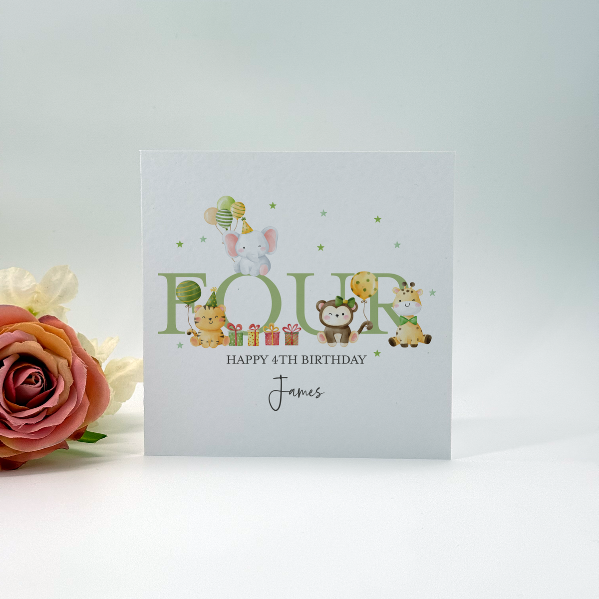 Personalised Animal Themed Fourth Birthday Card