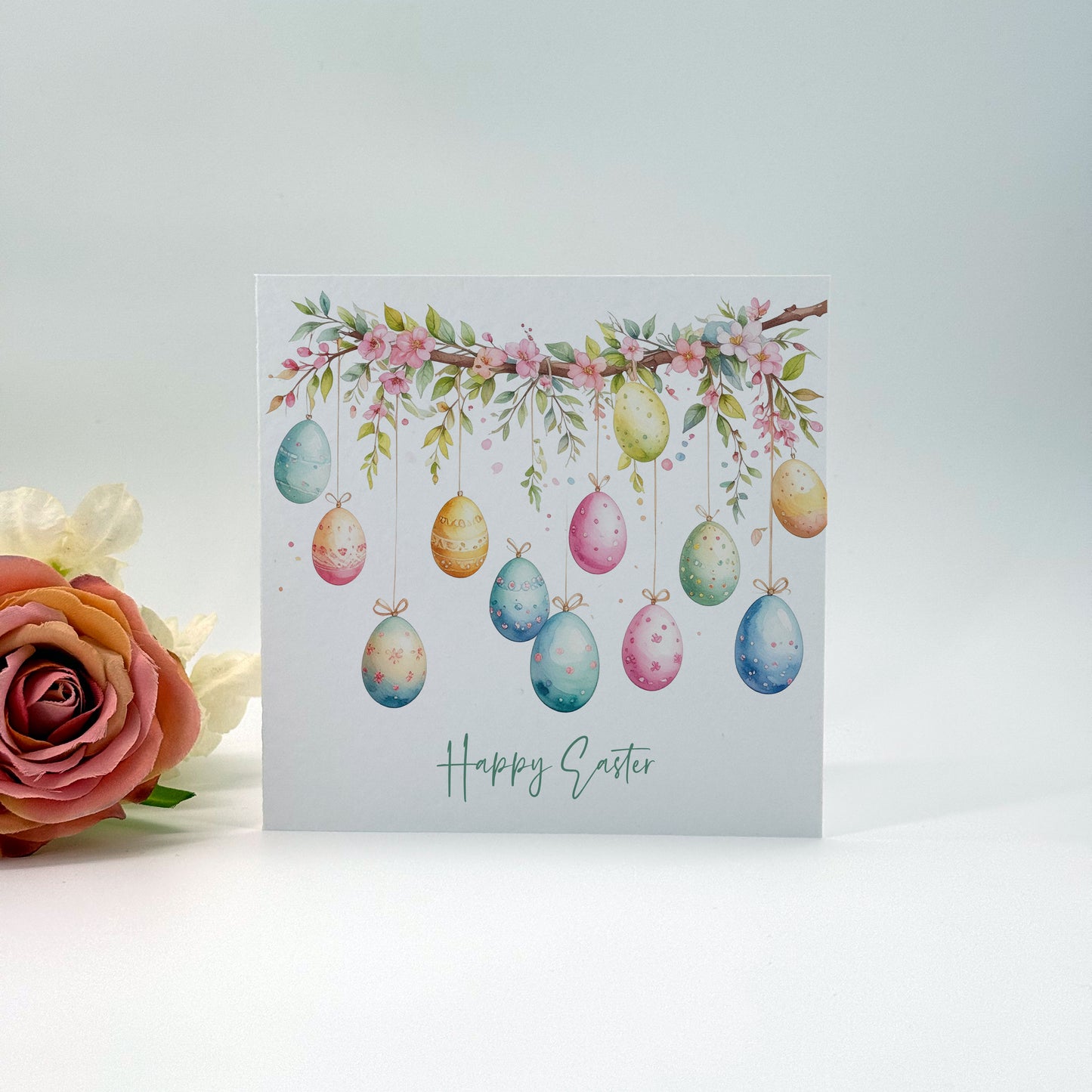 Happy Easter Card – Watercolour Easter Eggs Hanging From Branch