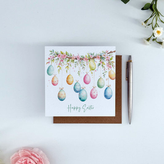 Happy Easter Card – Watercolour Easter Eggs Hanging From Branch
