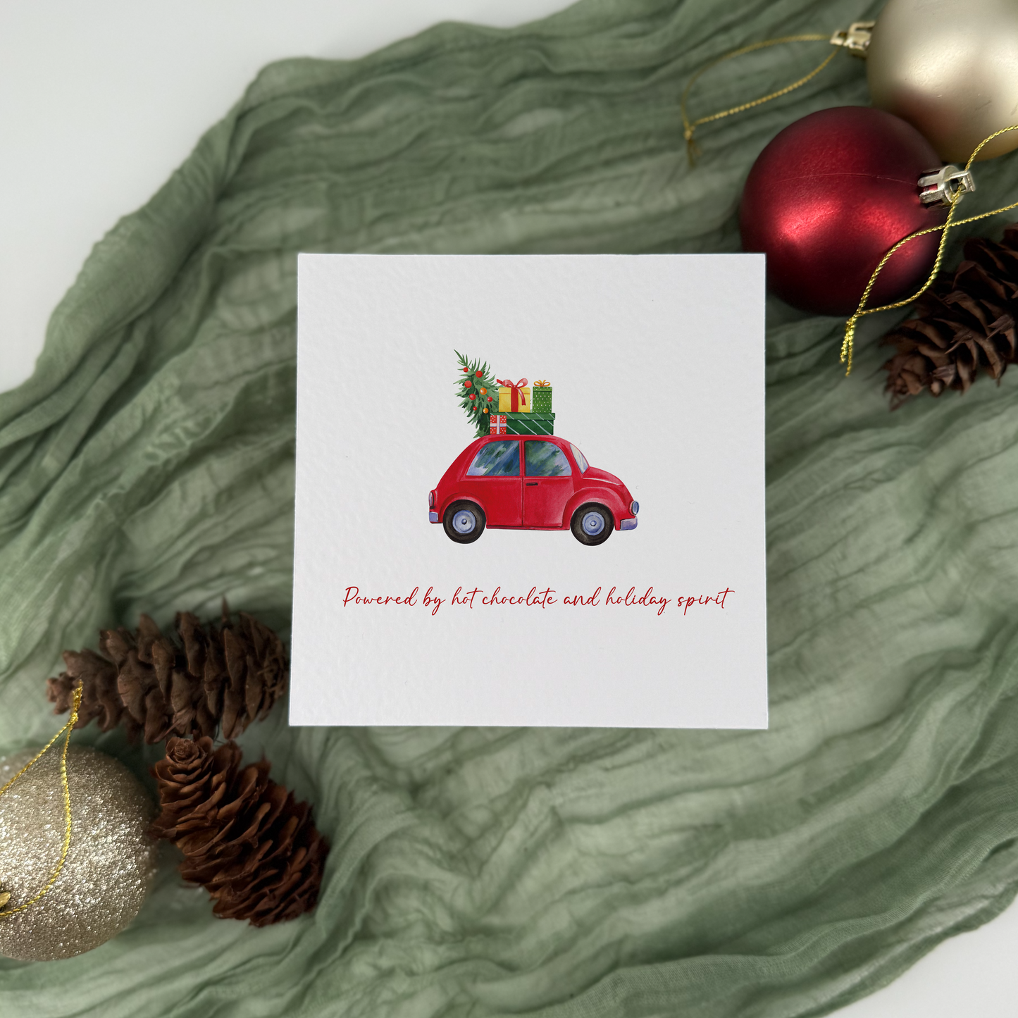 Red Car Christmas Card - Festive Tree Illustration - Hot Chocolate & Holiday Spirit Card