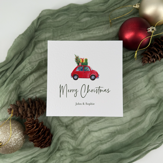 Personalised Christmas Card – Red Car Holiday Card, Family Name