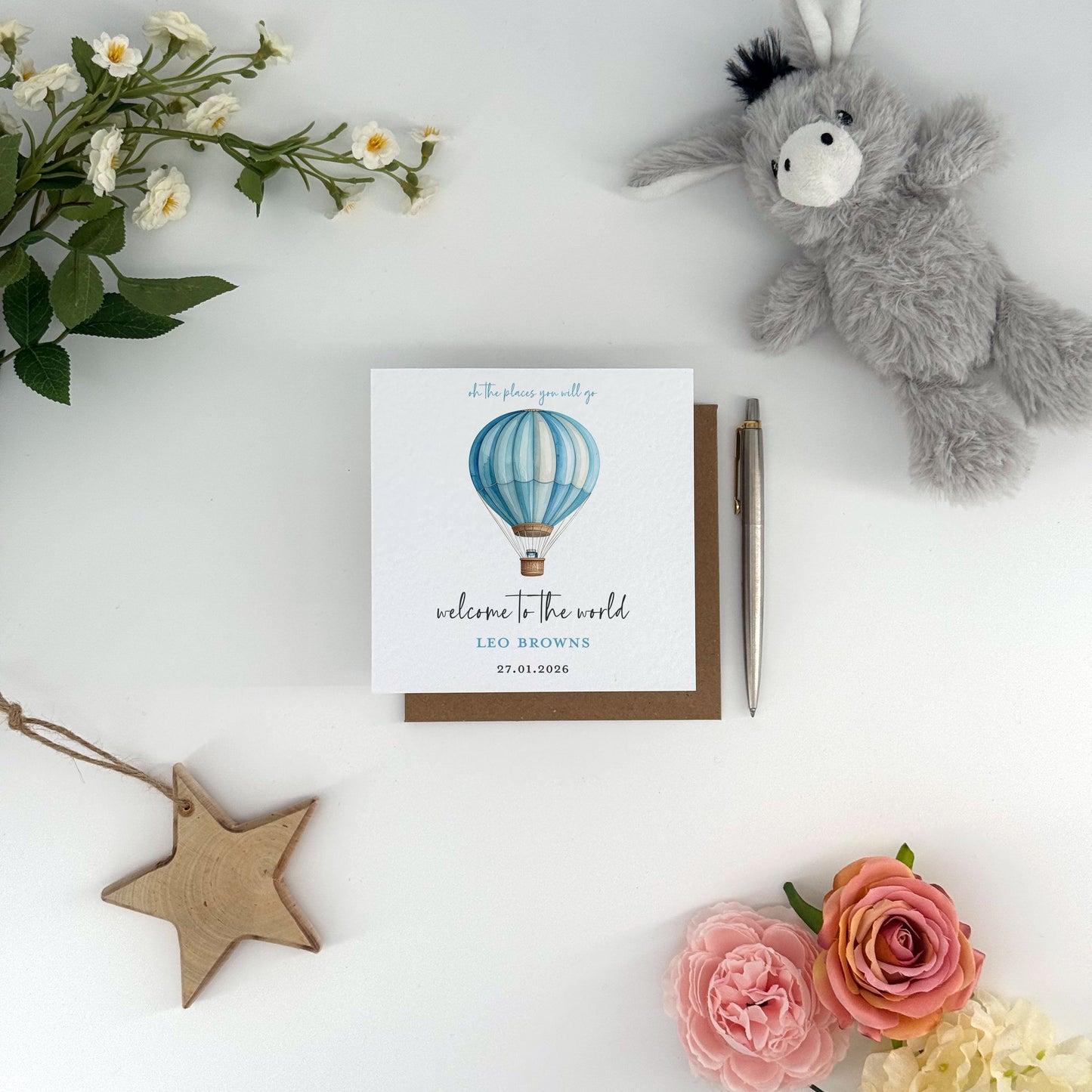Personalised Baby Boy Card – Blue Hot Air Balloon, Welcome to the World