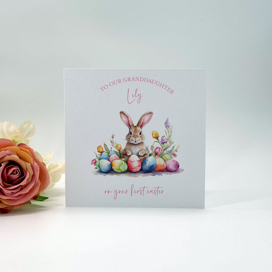 Personalised First Easter Card for Granddaughter - Bunny & Eggs Watercolour Card