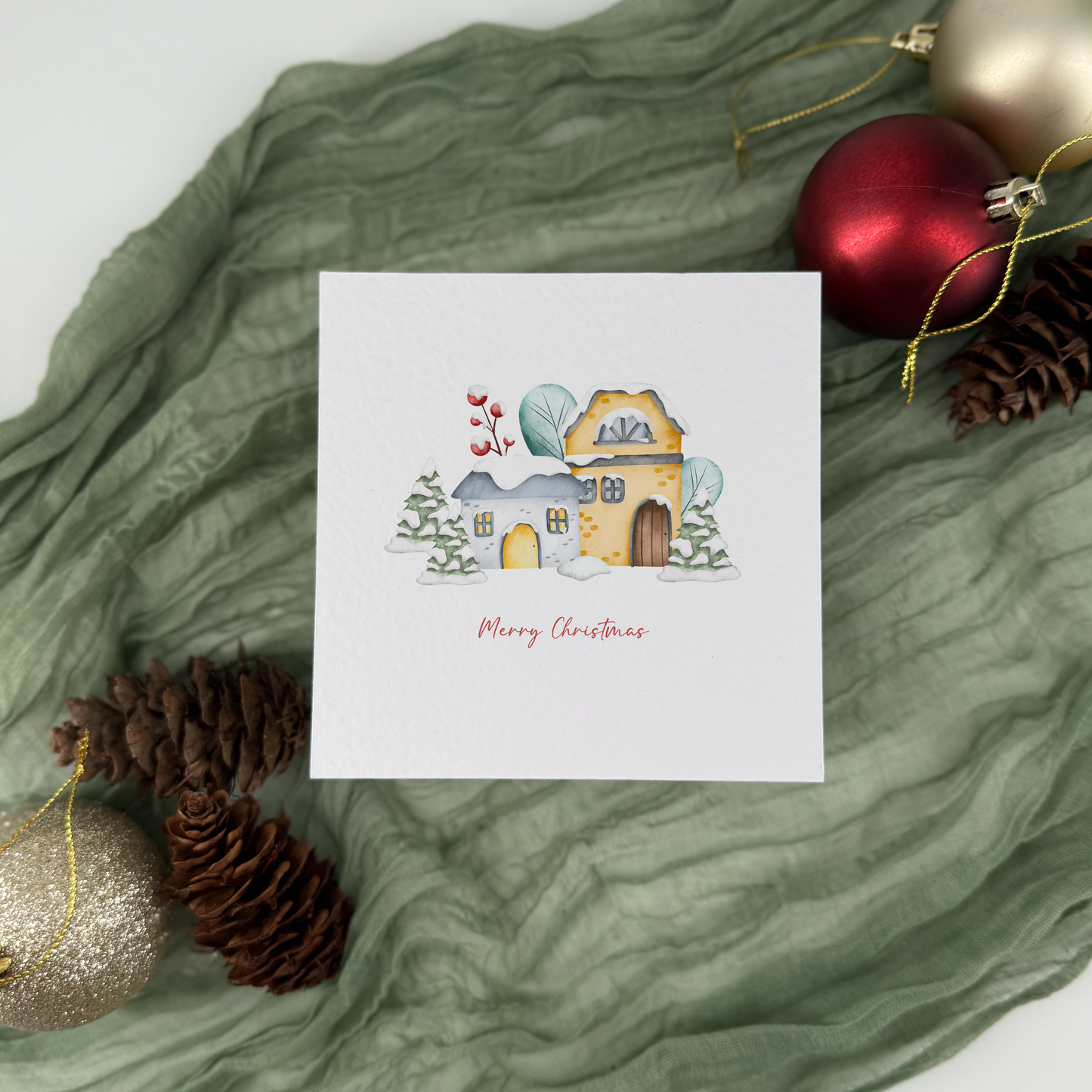 Snowy Yellow House Christmas Card - Handmade Festive Greeting Card