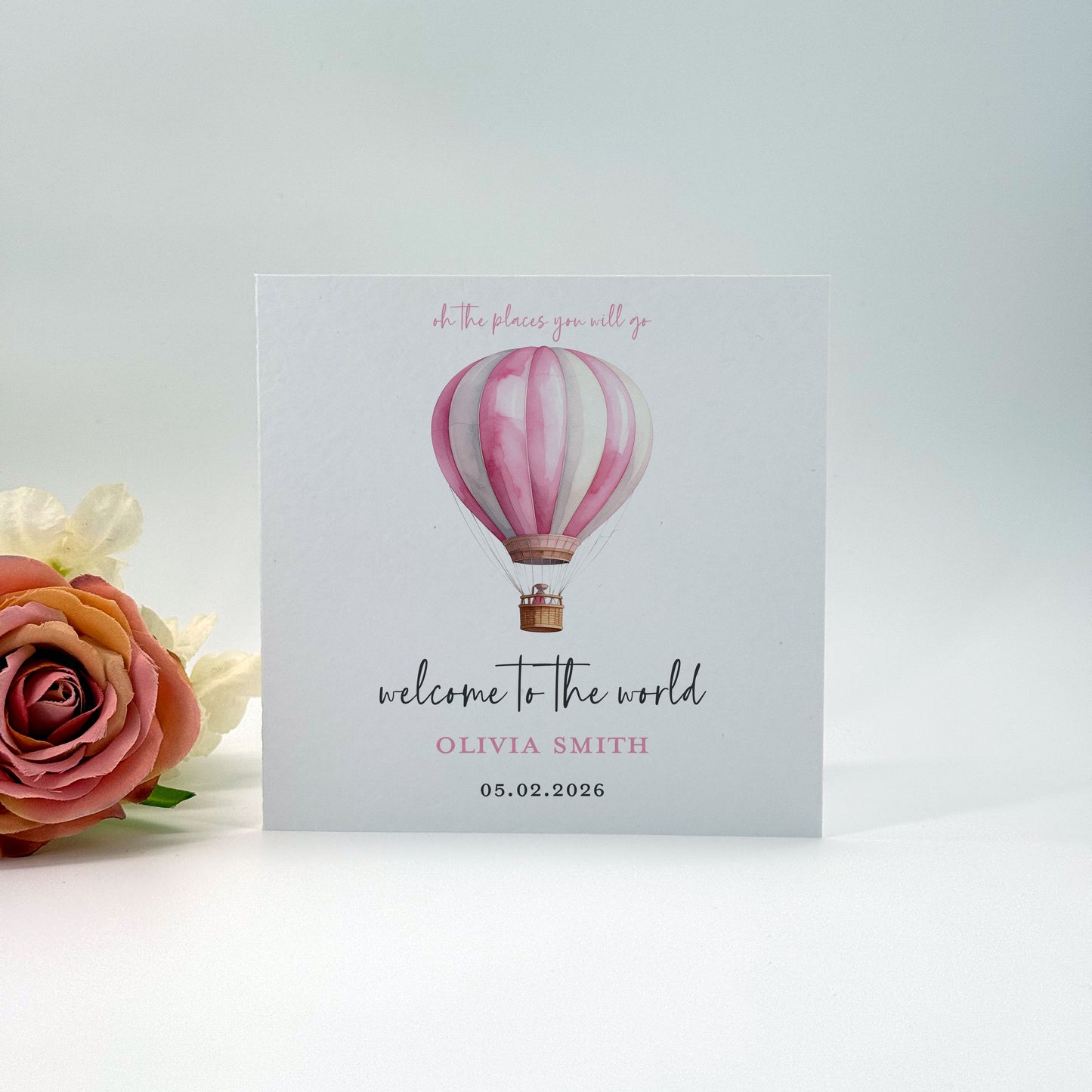 Personalised Baby Girl Card – Pink Hot Air Balloon, Welcome to the World