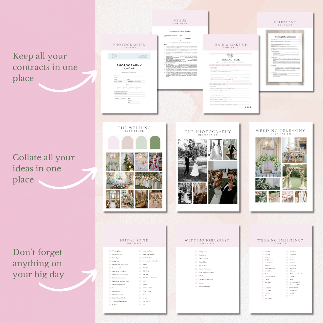 Collection of wedding planning documents on a pink background