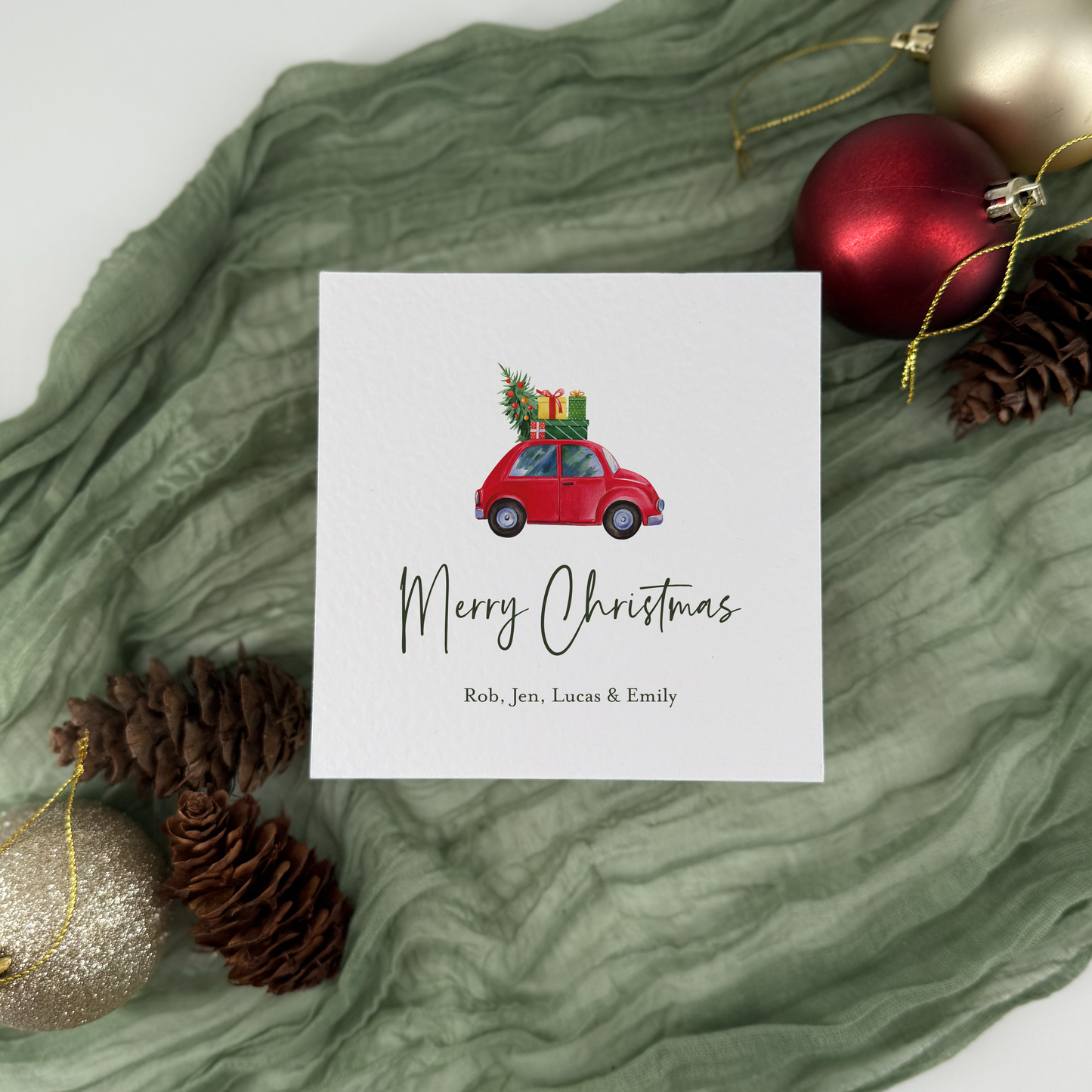 Personalised Christmas Card – Red Car Holiday Card, Family Name