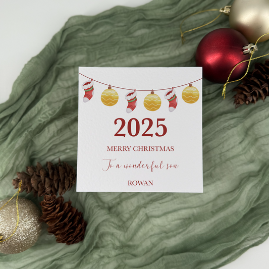 Personalised 2025 Son Christmas Card with Stockings and Baubles