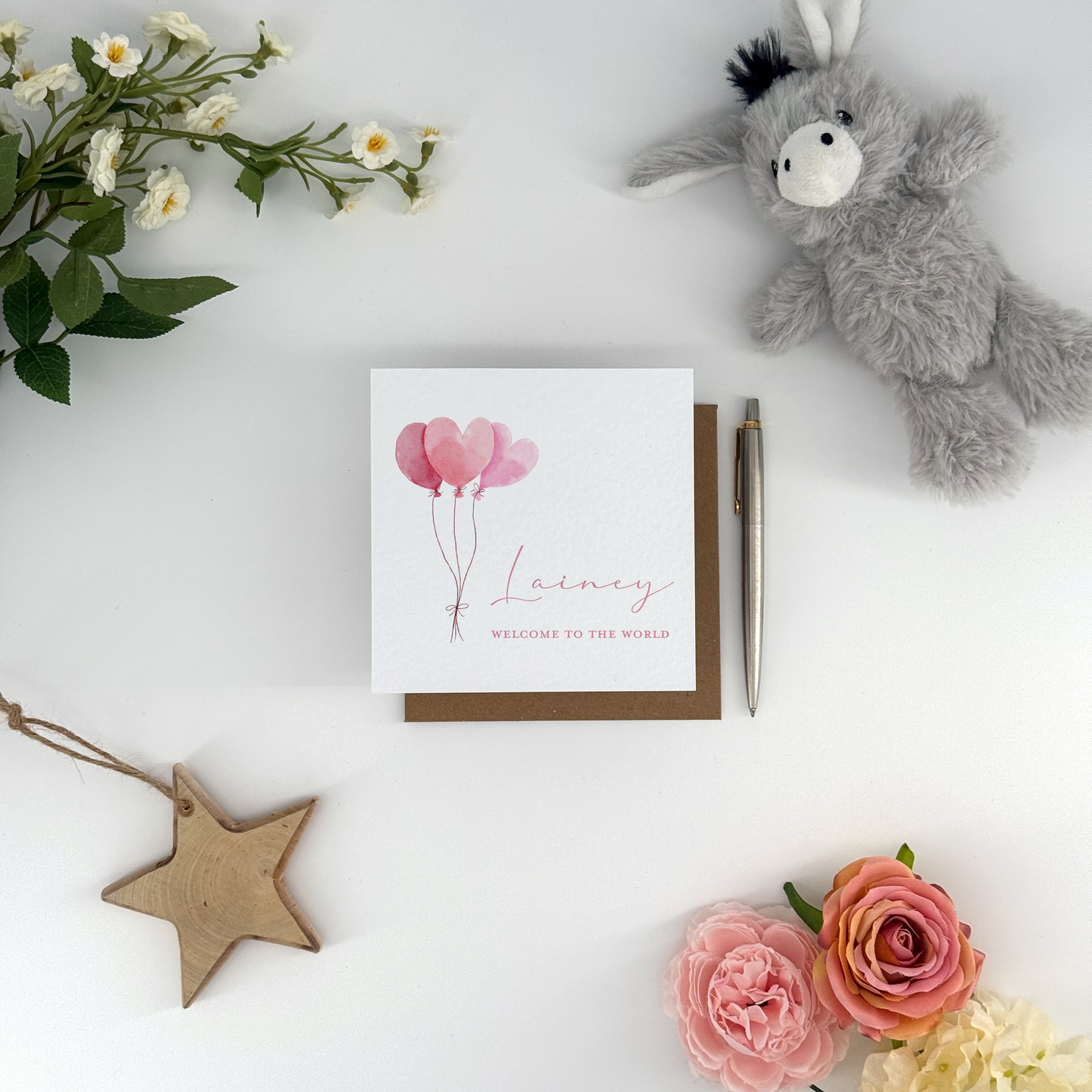 Personalised Baby Girl Card - “Welcome to the World” Pink Heart Shaped Balloon Design