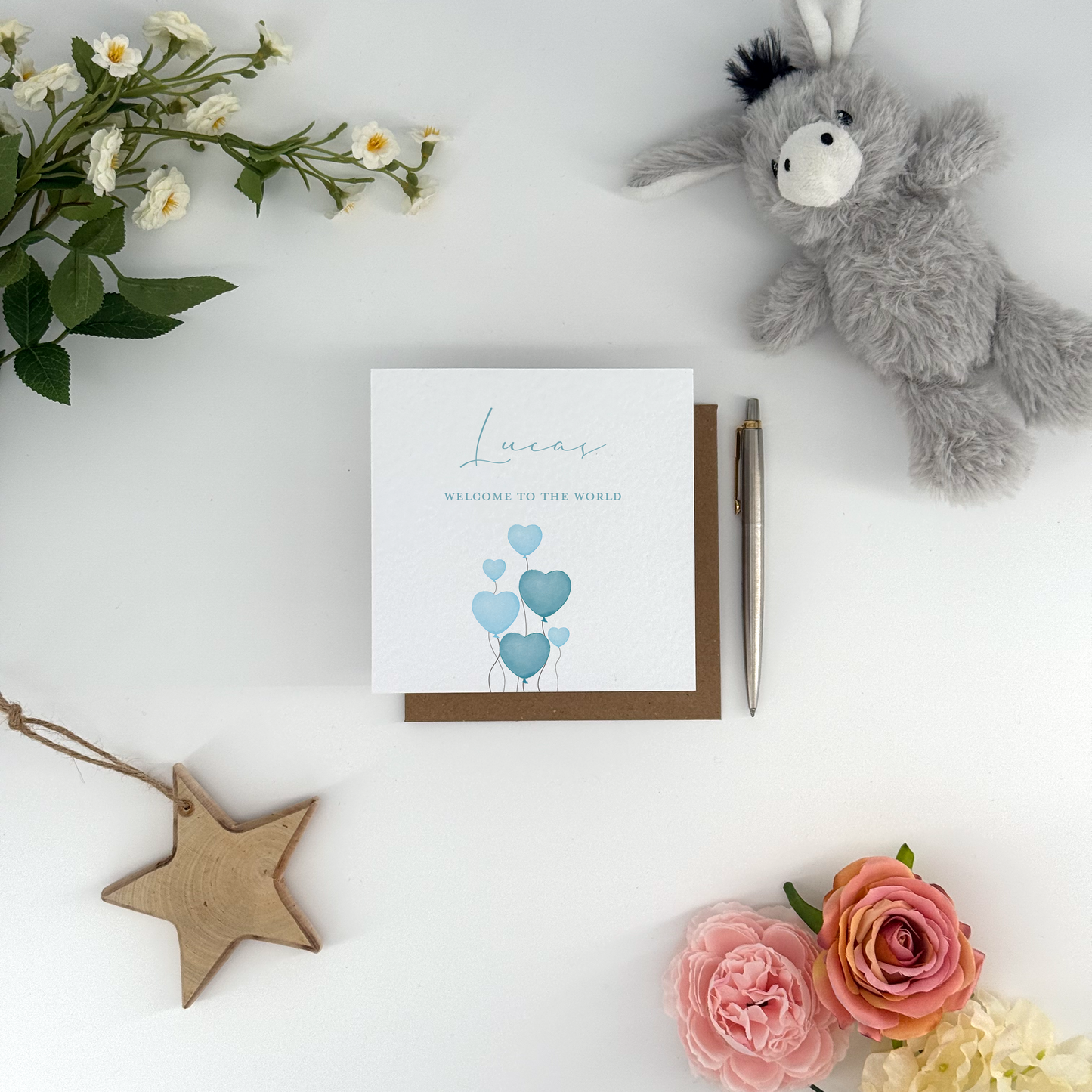 Personalised Baby Boy Card - “Welcome to the World” Blue Balloon Design