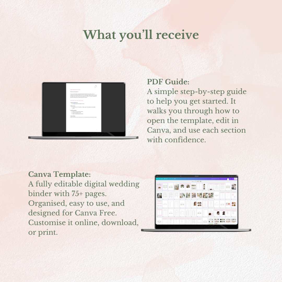 Laptop with a digital wedding binder on a light pink background, accompanied by text about a PDF guide and Canva template.