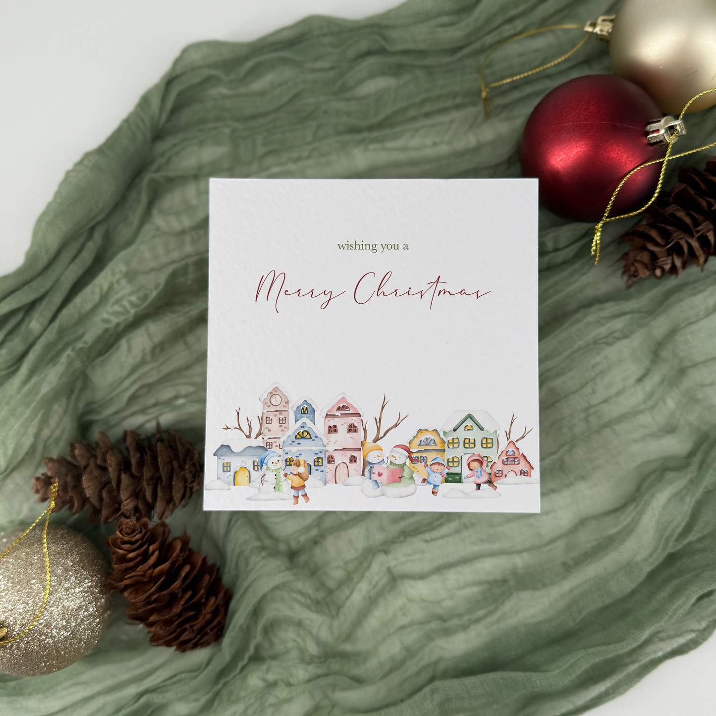 Snowy Village Christmas Card - Winter Scene Holiday Greeting Card